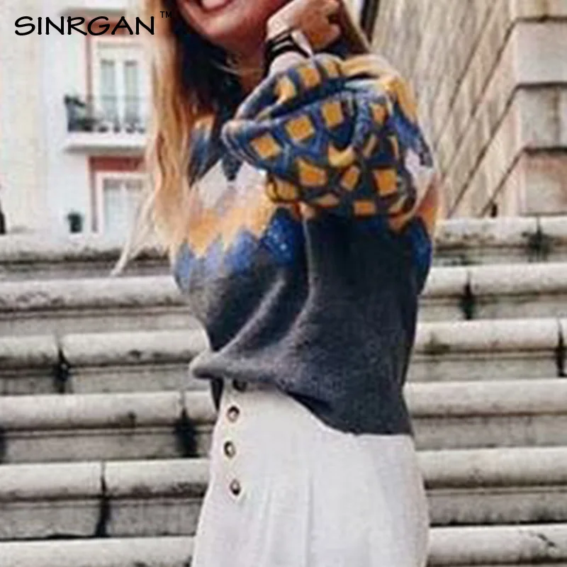 SINRGAN Geometric O Neck Knitted Sweater 2020 Autumn Winter Fashion Female Pullover Warm Thicken Tops | Женская одежда