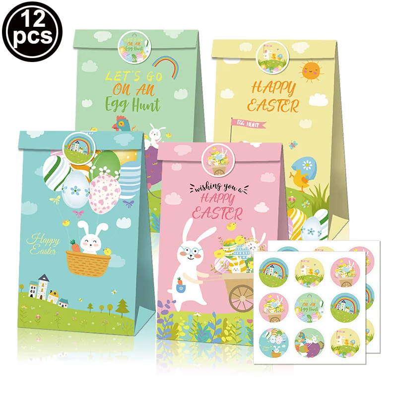 

12pcs Easter Paper Bag Bunny Eggs Candy Gift Bags With Stickers Happy Easter Candy Food Cookies Packing Paper Bags Gift Decorati