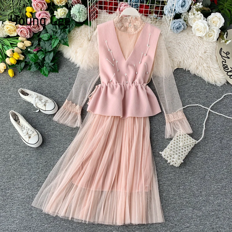 Young Gee женское однотонное Сетчатое Плиссированное кружевное платье + бархатный