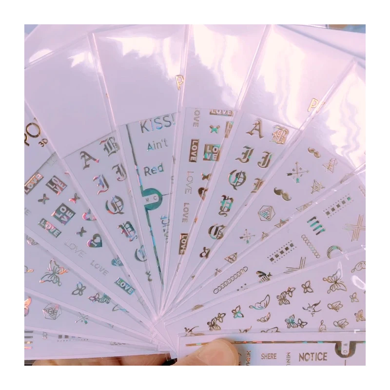 

10PCS New Year New Geometric Font Love Butterfly Laser Gold and Silver Nail Sticker Art Adhesive Nail Art Decal Sticker