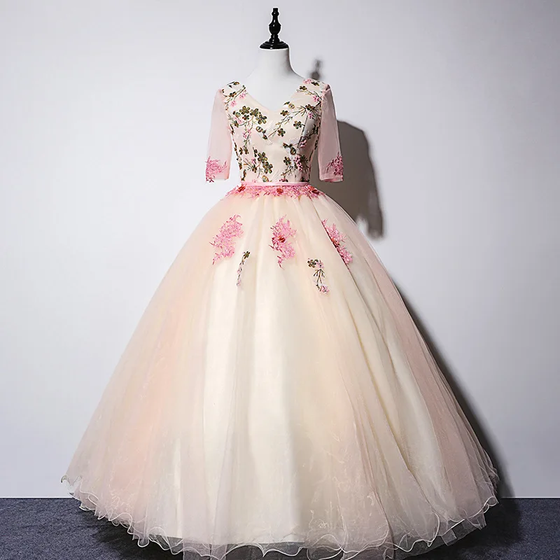 Пышные розовые платья Quinceanera 2019 V образным вырезом сладкий 16 Бальные лет День