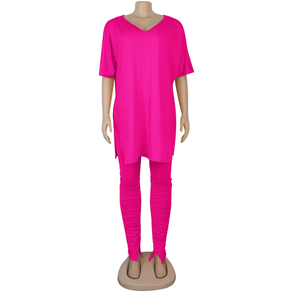 

Women Tracksuit V-neck Short Sleeve Split Loose Long Top and Stacked Legging Pant Casual Sportwear Matching Sets Two Piece Sets