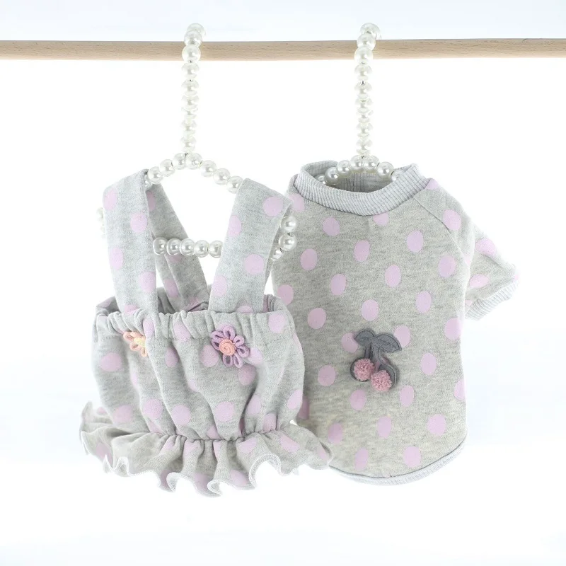 

Summer Dog Clothes Gray Polka Dots Skirt Suit Flower Cherry Soft Korean Style Sweet Clothes for Dogs
