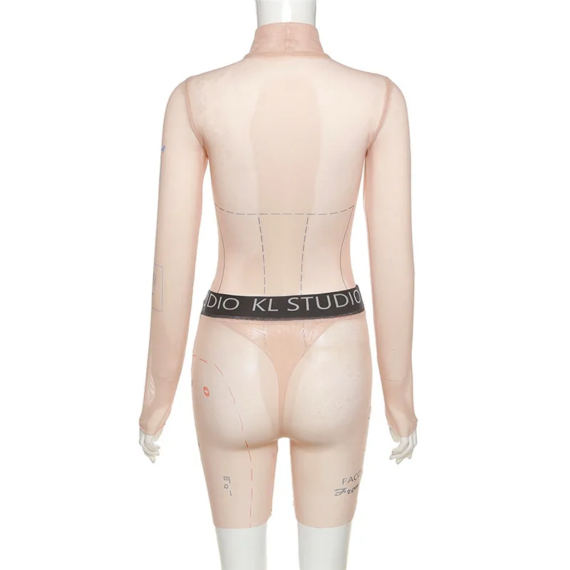 

Print Crop Top And Shorts Matching Sets Women Long Sleeve Skinny Bodycon Bodysuit Top +Pants Summer Fashion Two Piece Outfits