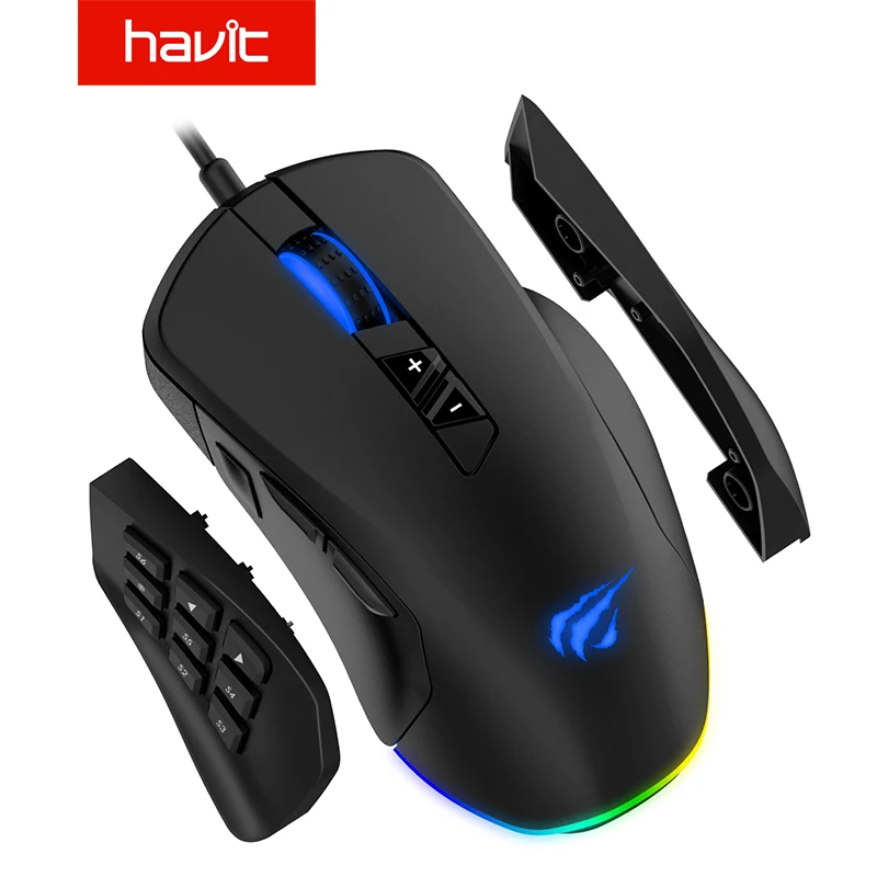 HV-MS760 Havit игровая мышь 12000 dpi Проводная мышь с 14 программируемыми кнопками сменные боковые пластины, 2 Сменные правые пластины - Цвет: HV-MS760