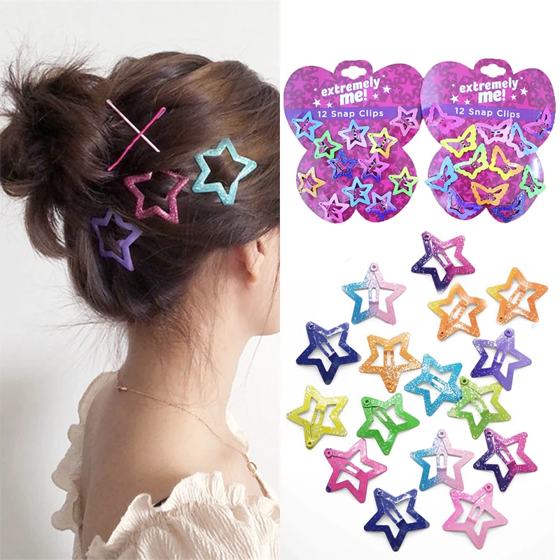 

12 Pcs Beautiful Kids Pentagram Hair Clips Glitter BB Clips Butterfly Colors Children Asymptotic Color Candy Color Star Girls