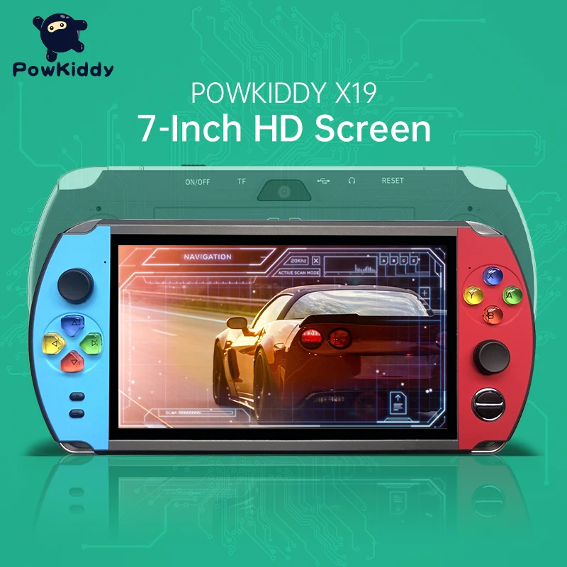 

Игровая ретро-консоль Powkiddy X19, HD экран 7 дюймов, Карманная игровая приставка, двойной качающийся 64-битный симулятор, детские подарки, поддерж...