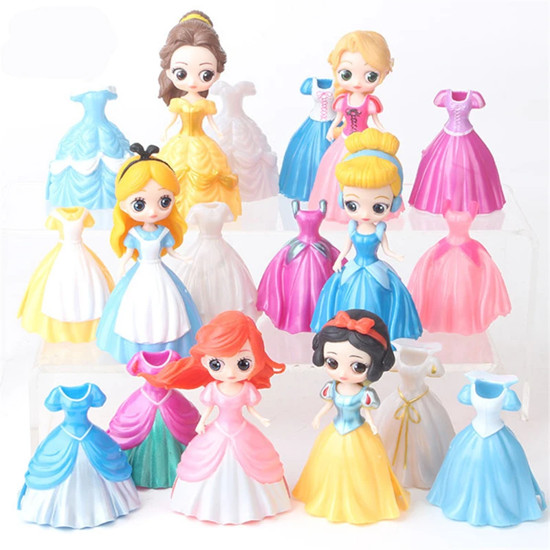 18pcs/set Elsa Anna Tiana Sofia Amber Magic Clip Dress PVC Action Figures Princess Dolls Anime Figurines Kids Toys Gift