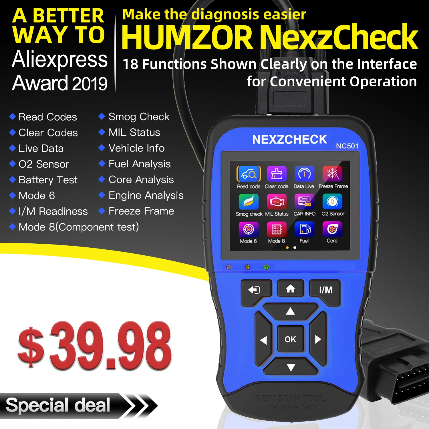 HUMZOR NexzCheck OBD2 и EOBD автомобильный сканер NC501 Код двигателя читатель OBD2 диагностический инструмент для универсальных автомобилей PK NT301 CR3008