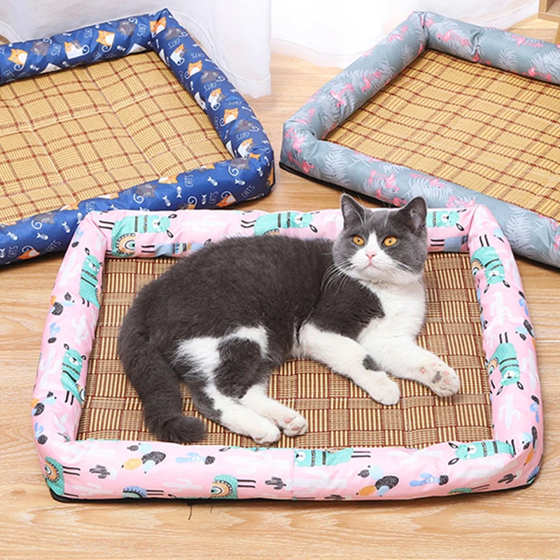 

Summer Cooling Pet Nest Soft Cushion Straw Bamboo Cozy Bed Pad Small Medium Sized Dog Cat Whole Washable Supplies Mat