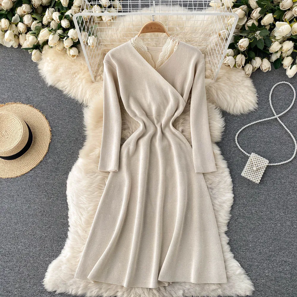 

Женское трикотажное платье-свитер, элегантное французское платье трапециевидной формы с длинным рукавом и V-образным вырезом, осень 2021