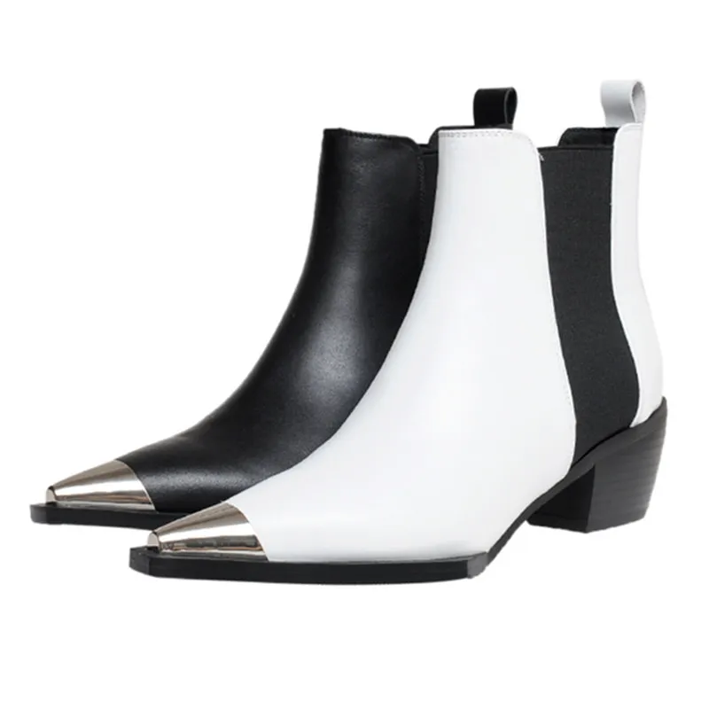 

New Autumn Winte Handsome White Black Matin Boots Women Metal Pointed Toe Leather Knight Boots Designer Brand Fashion Shoes