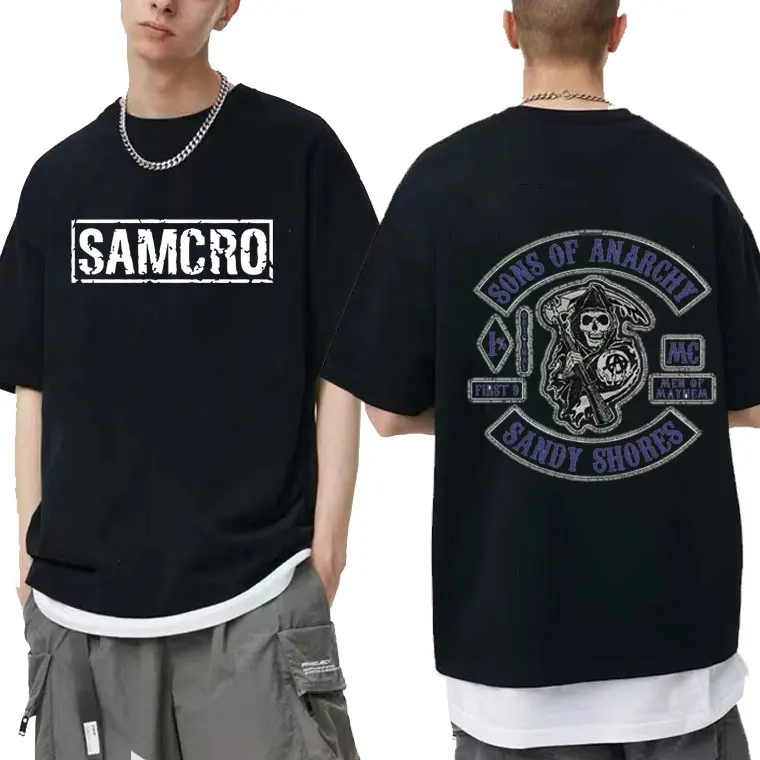 

Fashion Brand Design T Shirts Sons of Anarchy Sandy Shores SAMCRO Letter Logo Print T-shirt Men Women Oversized Cotton Tshirt