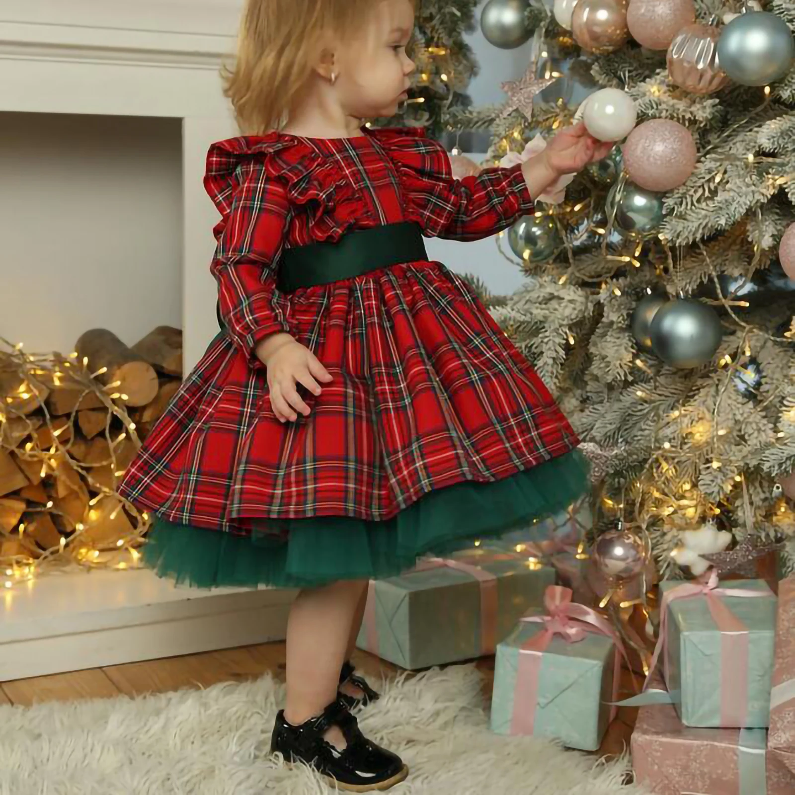 

Newborn Creative Fashion Christmas Dress, Baby Girls Plaid Fly Sleeve Round Neck Mesh Patchwork