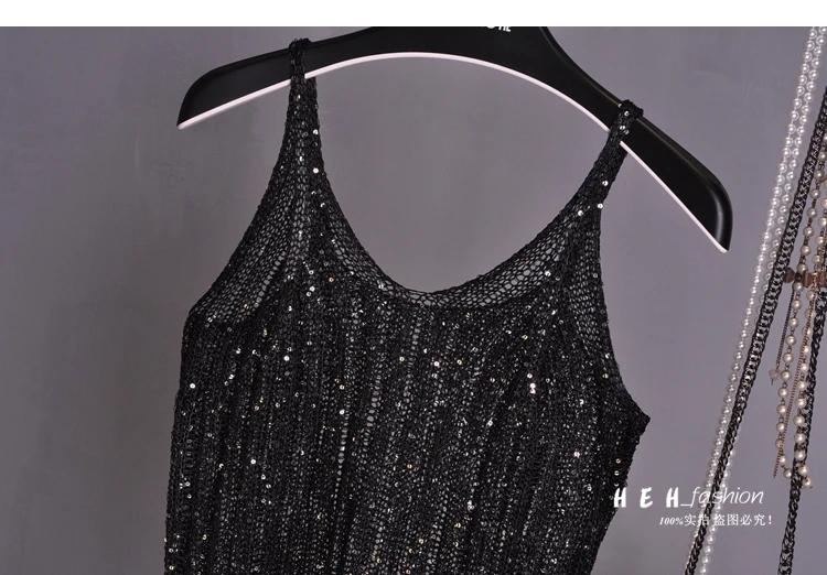 

2021 Summer Ins Super Popular Sexy Cutout Sequined Knitted Tank Sequins Bright Silk Breathable Top Shoulder-Straps Sexy Camisole
