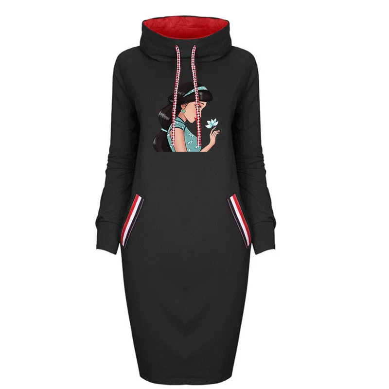 

Women Dress Disney princess Cartoon Print Chinese Style Fake Pocket Long Sleeve Thin Bodycon Dresses Vintage Party Vestidos