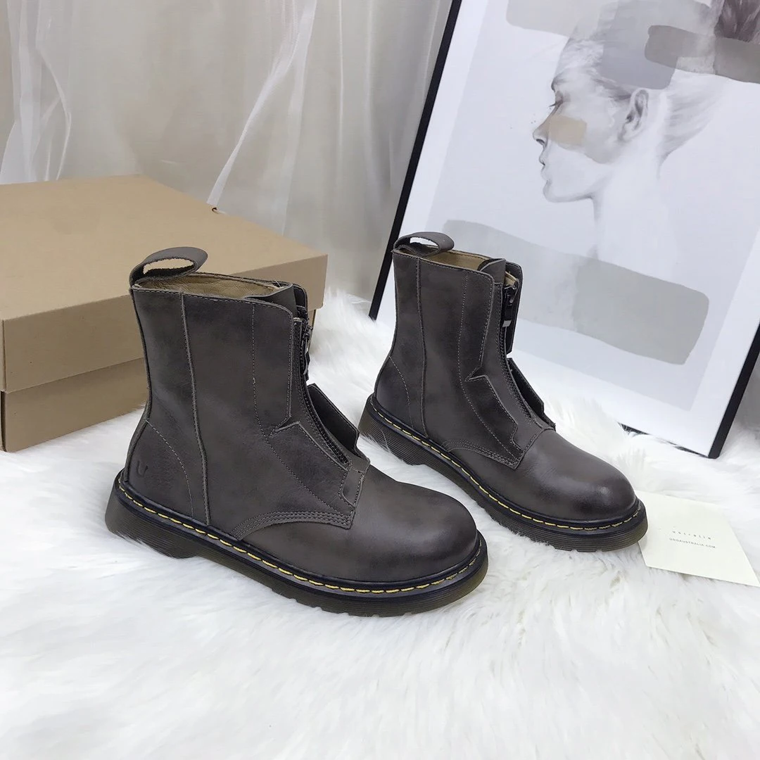 

With Logo Autumn And Winter Women's Shoes Round Toe Front Zipper Martin Boots Pure Wool Warm Leather Boots Cowhide Non-Slip