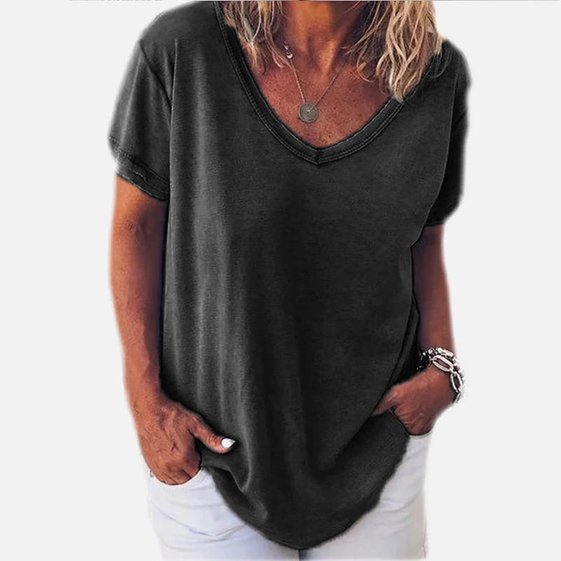 Женская свободная футболка с v-образным вырезом однотонная повседневная женская