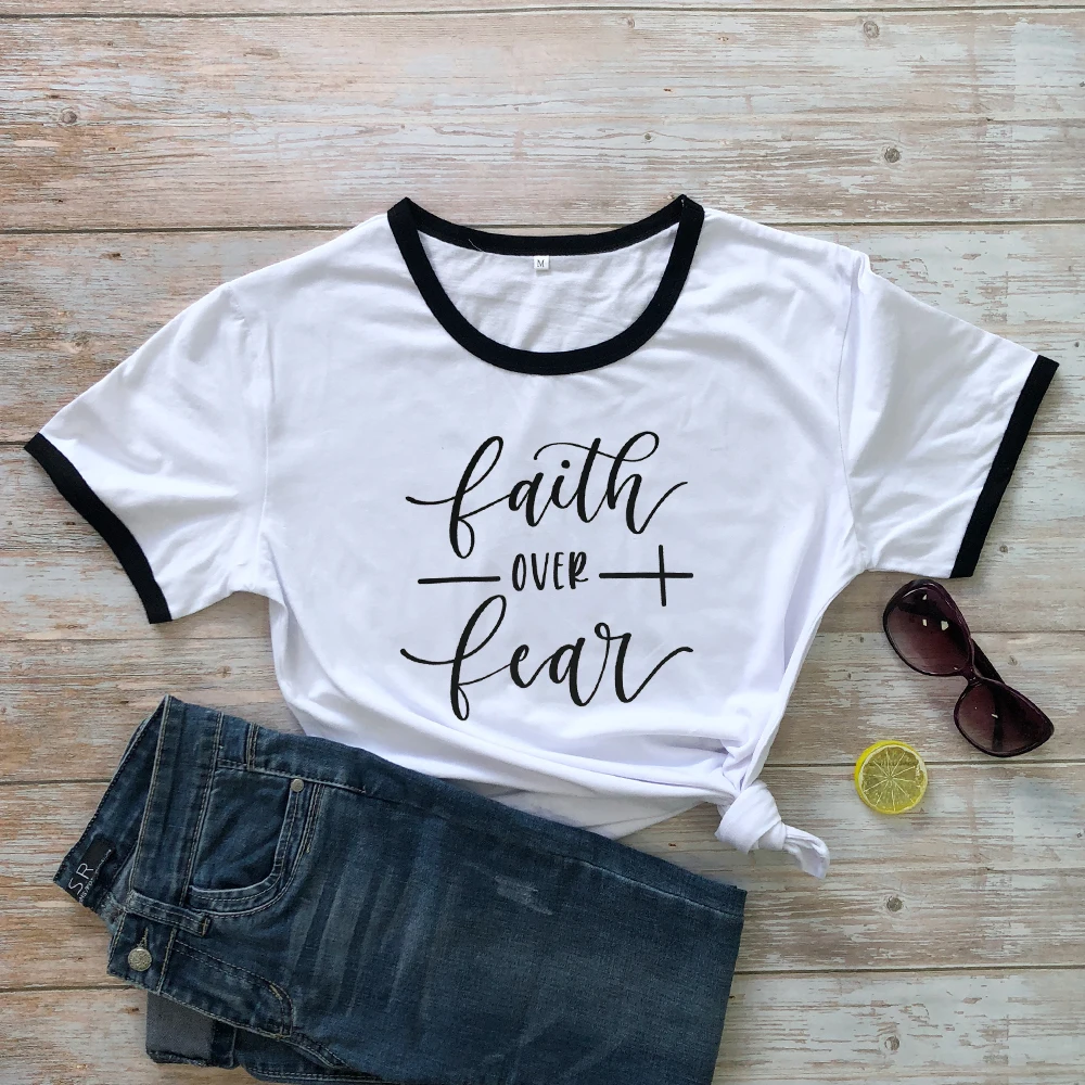 Faith Over Fear футболка женская модная вдохновленная Религиозная Христианская Церковь топы футболки Повседневная летняя графическая футболка tumblr наряд