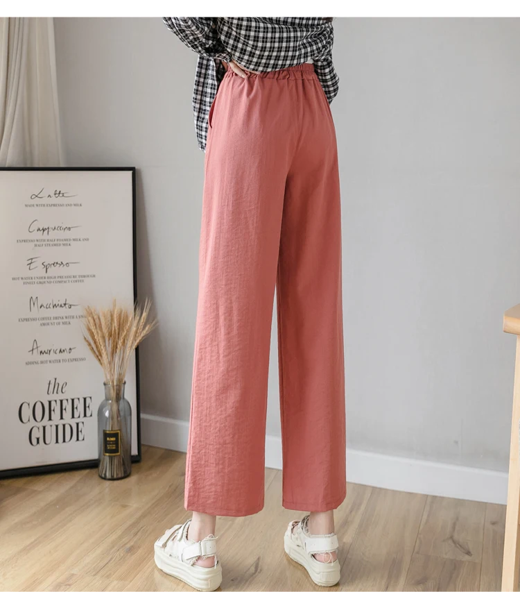 

NIJIUDING Women Wide Leg Pant 2020 New Spring Summer Female Casual Pant Cotton and Line Pants Elastic Waist Solid Loose Trousers