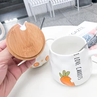 400ml creative action figure cartoon radish rabbit pig ceramic mug with lid and spoon kawaii milk coffee tea cup pink moon mug
