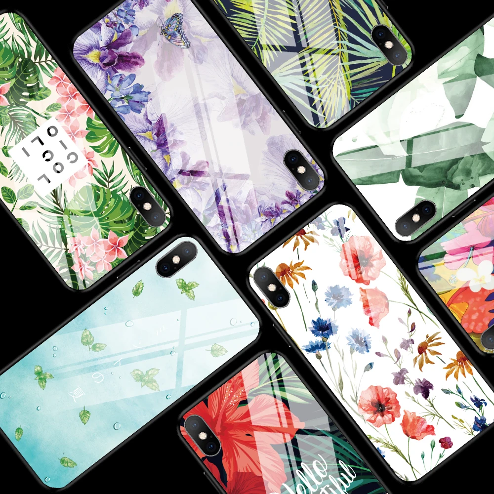 Чехол для телефона с цветочным рисунком для iPhone 7, 8, 6, 6S PLUS, XR, X, XS MAX, задняя крышка из закаленного стекла, чехол для iPhone 5 5S se, глянцевый противоударный чехол