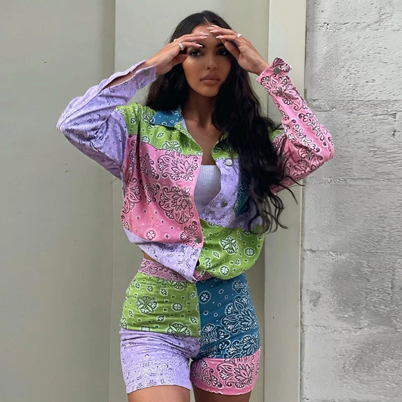 

Vintage Woman Pink Loose Print Shirt Suits 2021 Summer Autumn Fashion Ladies Beach Shorts Set Female Casual High Waisted Sets