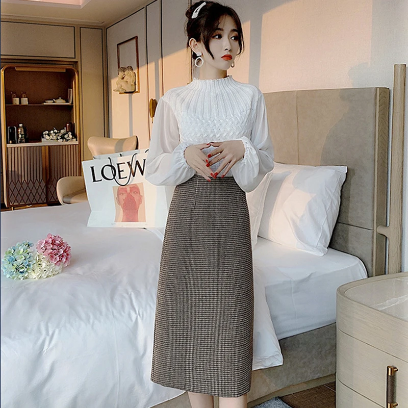 

TFETTERS Coffee Plaid Woolen Work Skirt Autumn Winter 2021 New Split Skirt High Waist Hip A-line Skirt Women Clothing