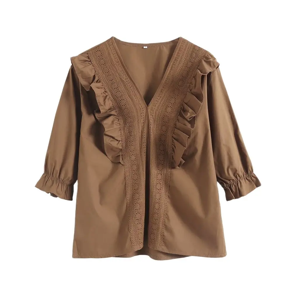 

Женская весенне-летняя одежда DiYiG, новинка 2021, универсальная нишевая Прямая рубашка с V-образным вырезом и оборками