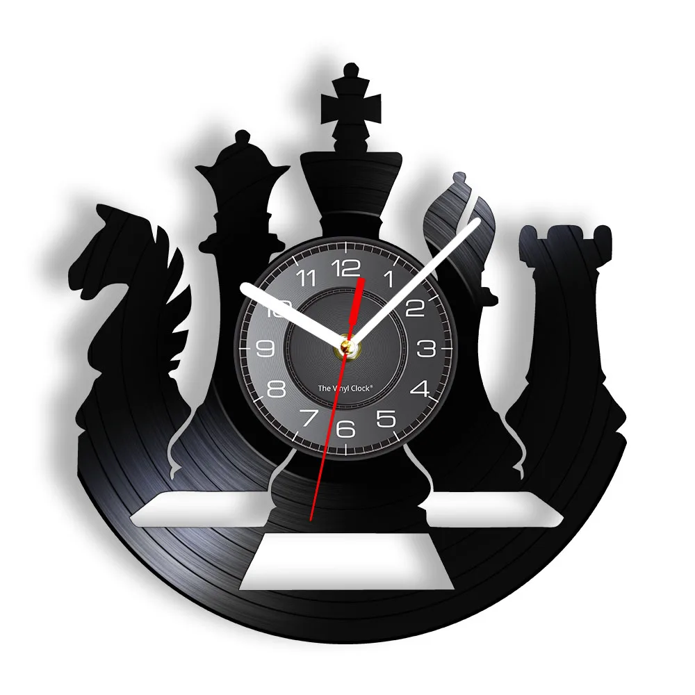 Chess Board Game Vinyl Gramophone Record Wall Clock Chess Gift Set Playroom Decor Knight King Queen Chess Vinyl Disk Craft Clock