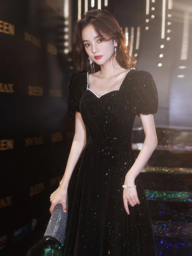 

Black Velvet Evening Dress Simple A-Line Floor Length Party Gowns Elegant French Style Women Formal Dresses