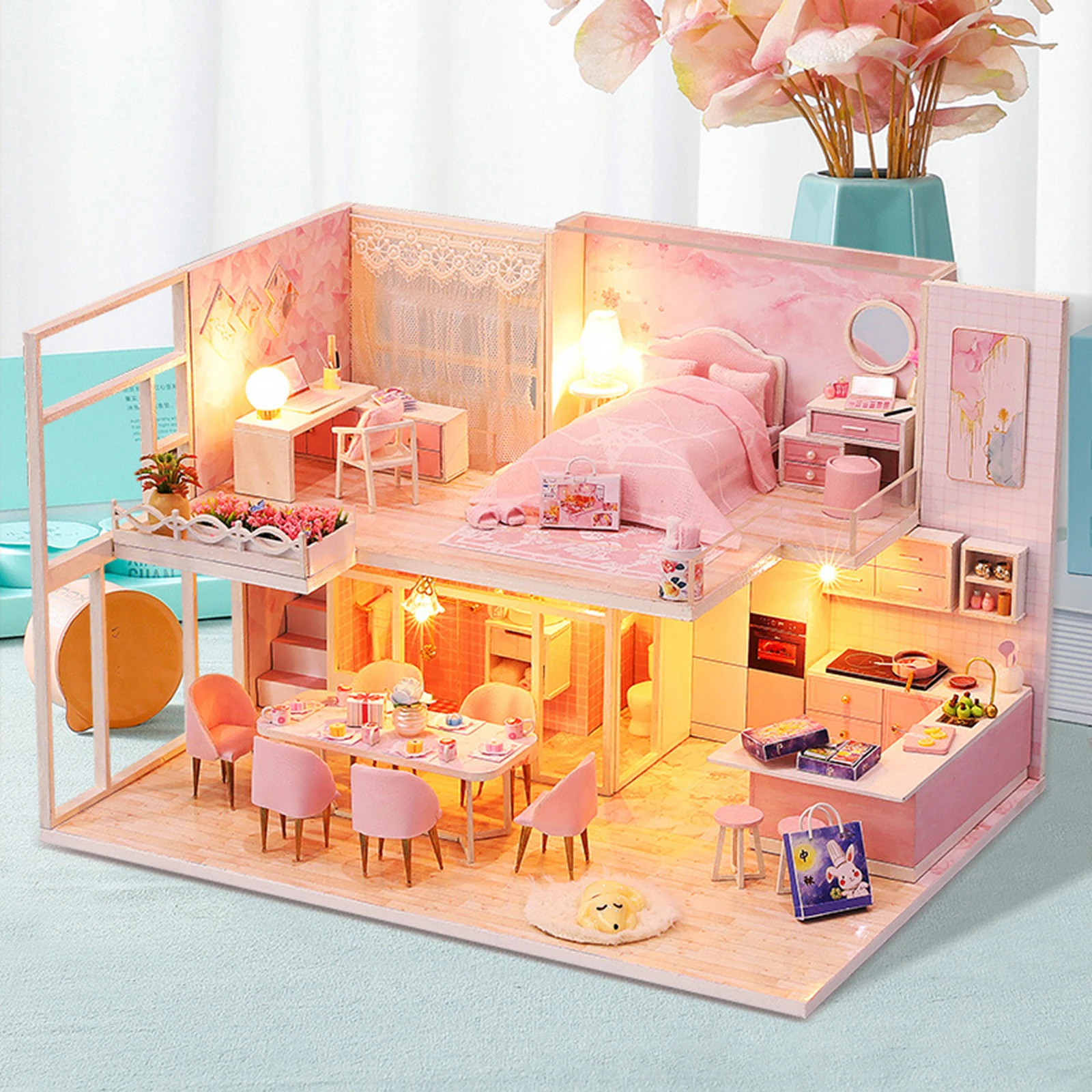 

Dollhouse With Furniture Kit Mini Miniature Wooden Pink Themed House Puzzle