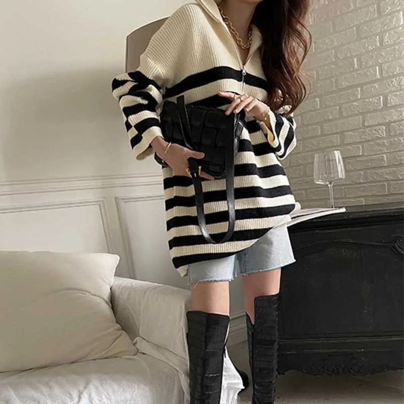 

Зимнее женское вязаное платье-свитер, плотный пуловер, полосатые прямые свободные повседневные платья, женские вечерние элегантные платья