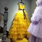 Желтое Пышное Платье на выпускной Вечерние платья из фатина с оборками в несколько рядов вечернее платье со шнуровкой сзади вечернее платье