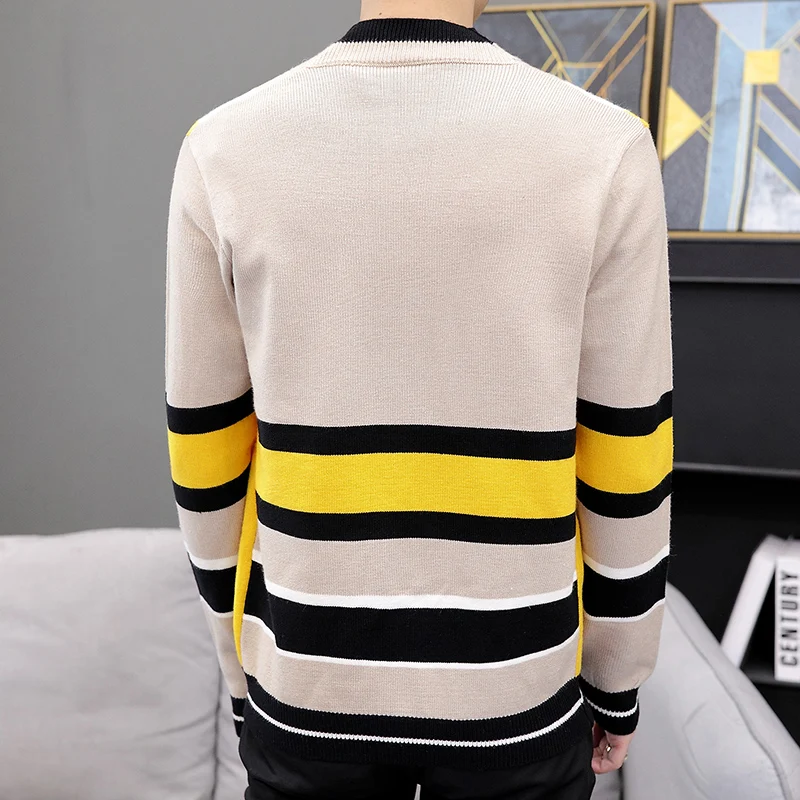 

Fashion Autumn Striped Cardigan Men Korean Knitted Overcoat Slim Fit Long Sleeve Sweaters Mens Streetwear Casaco Masculino 3XL-M