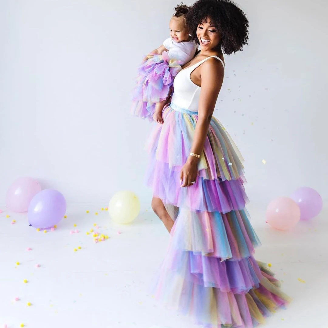 

Vibrant Colorful Ball Gown Rainbow High Low Floor Length Layered Ruffle Tulle Skirts Elastic High Waist High Quality Custom Made