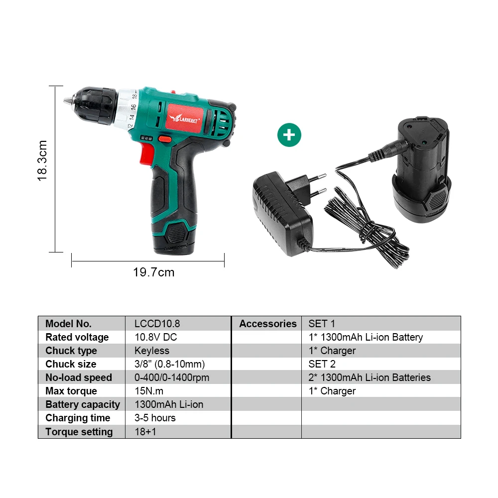 10 8 V электрическая Аккумуляторная дрель 2 скорости перезаряжаемая 1300mAh литий