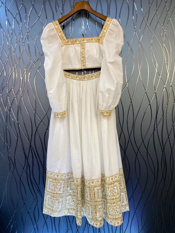 Spring 2021 new women's fashion square collar color matching decorative short top + long skirt 2-piece set 305