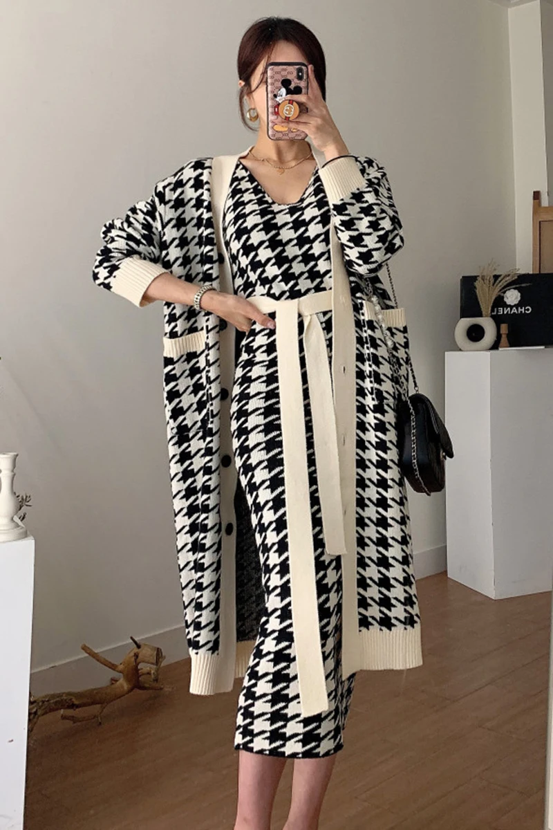 

Vest Dress Women 2 Piece Set Korean Vintage V-neck Long Knitted Sweater Coat + Houndstooth