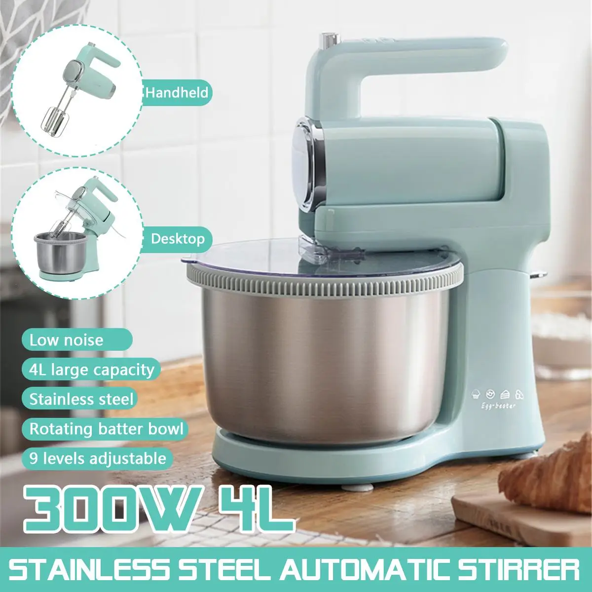 

9 Gear Mixer Electric Food Blender Stainless Steel Automatic Stirrer Cream Egg Dough Kneader Bread Maker 300W 4L Multifunctional
