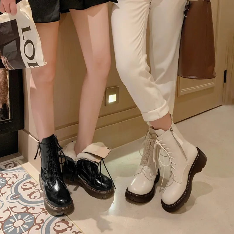 

Natural Real Genuine Cow Leather Martins Platform Boots Women Winter Warm Sheep Fur Wool Snow Martens Boots Beige Botas de Mujer