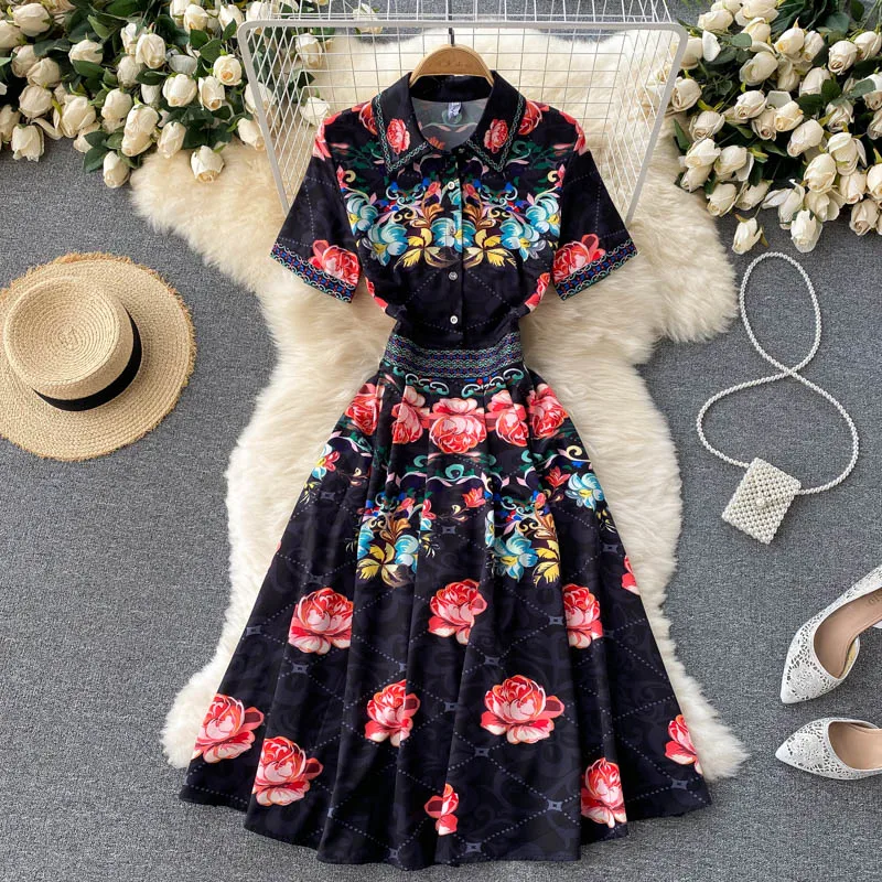 

Short Sleeve Floral Summer Dress for Women Clothing 2021 New Fashion Designer Shirt Collar Vintage Print Casual Midi Vestidos