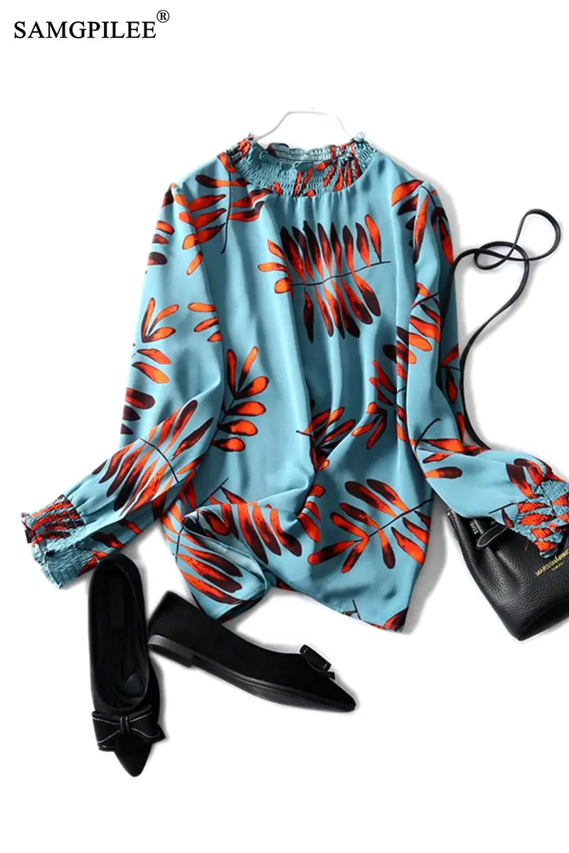 

2021 Spring And Autumn New Flowers Korean Round Neck Long Sleeve Straight Light Blue Fashion Chiffon Plus Size Women T-shirt
