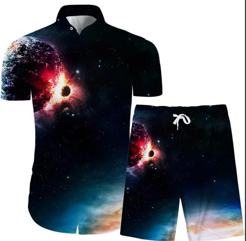 

KISSQIQI Men Short Sleeve Shirt Suits 3D Printed Starry Sky Male Casual Summer Shirt Suits Maximum Asian XXS-3XL