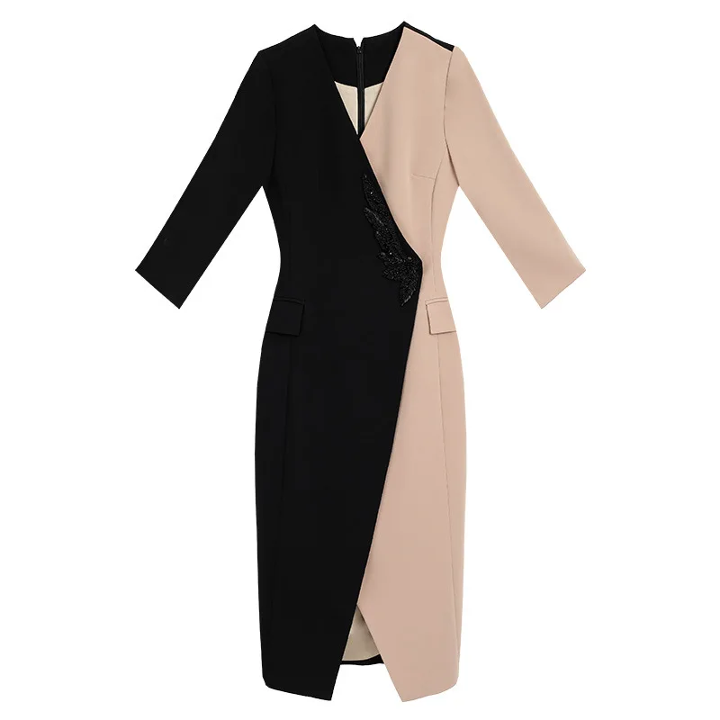 

Dress Vestidos XXL De Festa 2021 Autumn Winter Party Cocktail Women V-Neck Crystal Beading Deco Bodycon Color Block Dress Noble