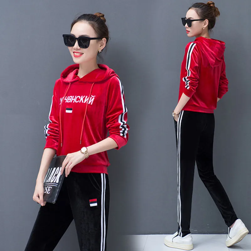 Осенний Бархатный комплект с капюшоном Женский из 2 предметов толстовка в