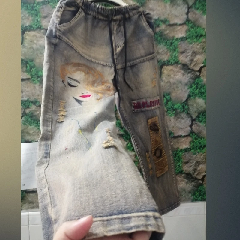 

Casual All match summer Free Size Calf-lenght Jeans Vintage Printing Harem Jeans for woman Elastic waist Denim pants AB2Z40