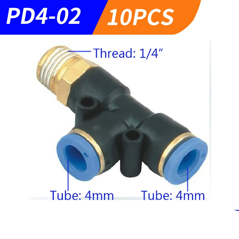 

10PCS PD4-02, HIGH QUALIT Pneumatic 1/4" Thread 4mm One Touch Push In T Joint Quick Fittings