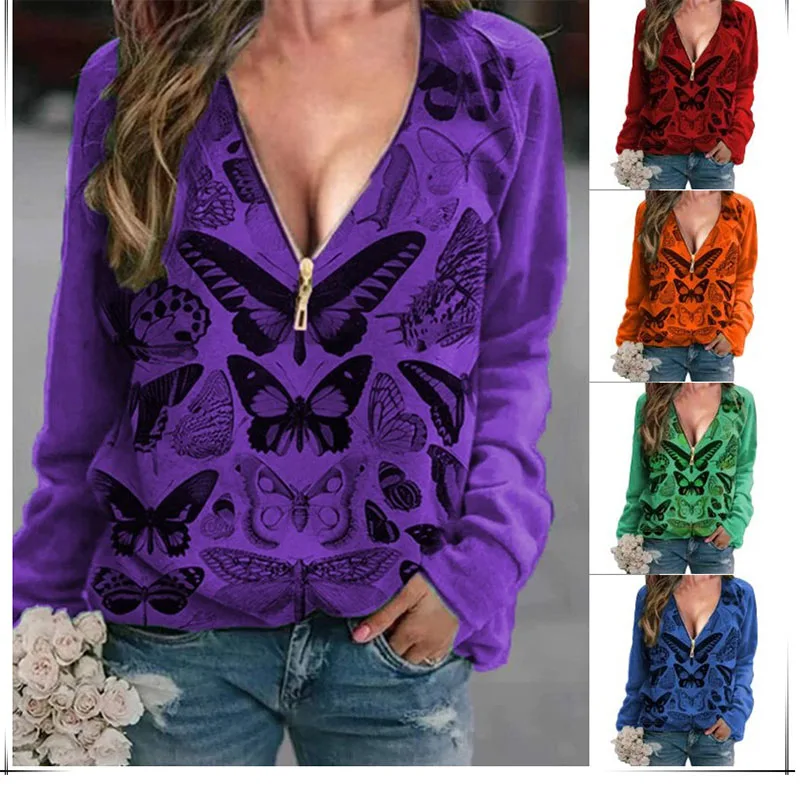 

2021 Autumn New Fashion Commuter Women's Sexy V-Neck Butterfly Print Zipper Long-sleeved T-Shirt Top Women Clothing