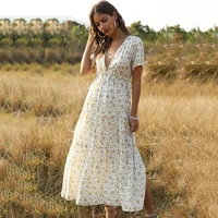 ardm elegant v neck floral print short sleeve white summer dresses for women 2021 ruffled boho midi dress party dress vestidos